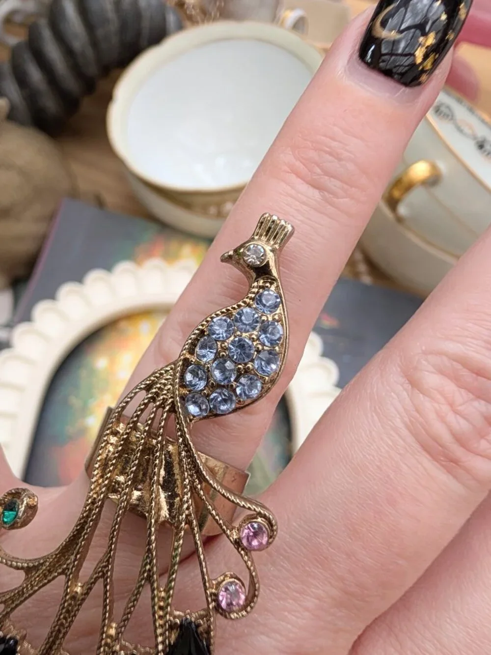 Vintage Peacock Statement Ring with Rhinestones, size 8